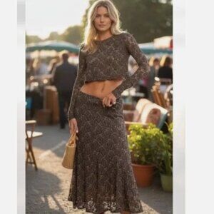 Free People Matching Set Laney Long Sleeve Version Midi Skirt Size XS NEW
